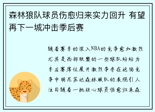 森林狼队球员伤愈归来实力回升 有望再下一城冲击季后赛