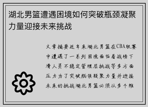 湖北男篮遭遇困境如何突破瓶颈凝聚力量迎接未来挑战