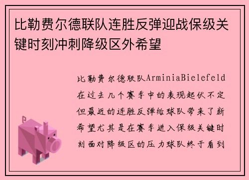 比勒费尔德联队连胜反弹迎战保级关键时刻冲刺降级区外希望