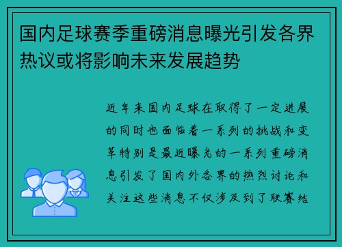 国内足球赛季重磅消息曝光引发各界热议或将影响未来发展趋势